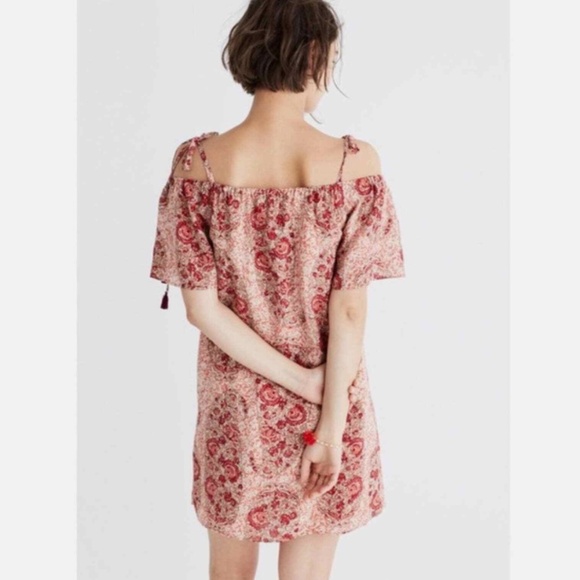 Madewell NWT Watercolor Paisley Silk Cold Shoulder Tie Shoulder Dress SZ M - Picture 3 of 15